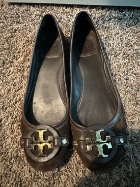 Tory Burch Dark Brown Leather Logo Ballet Flats